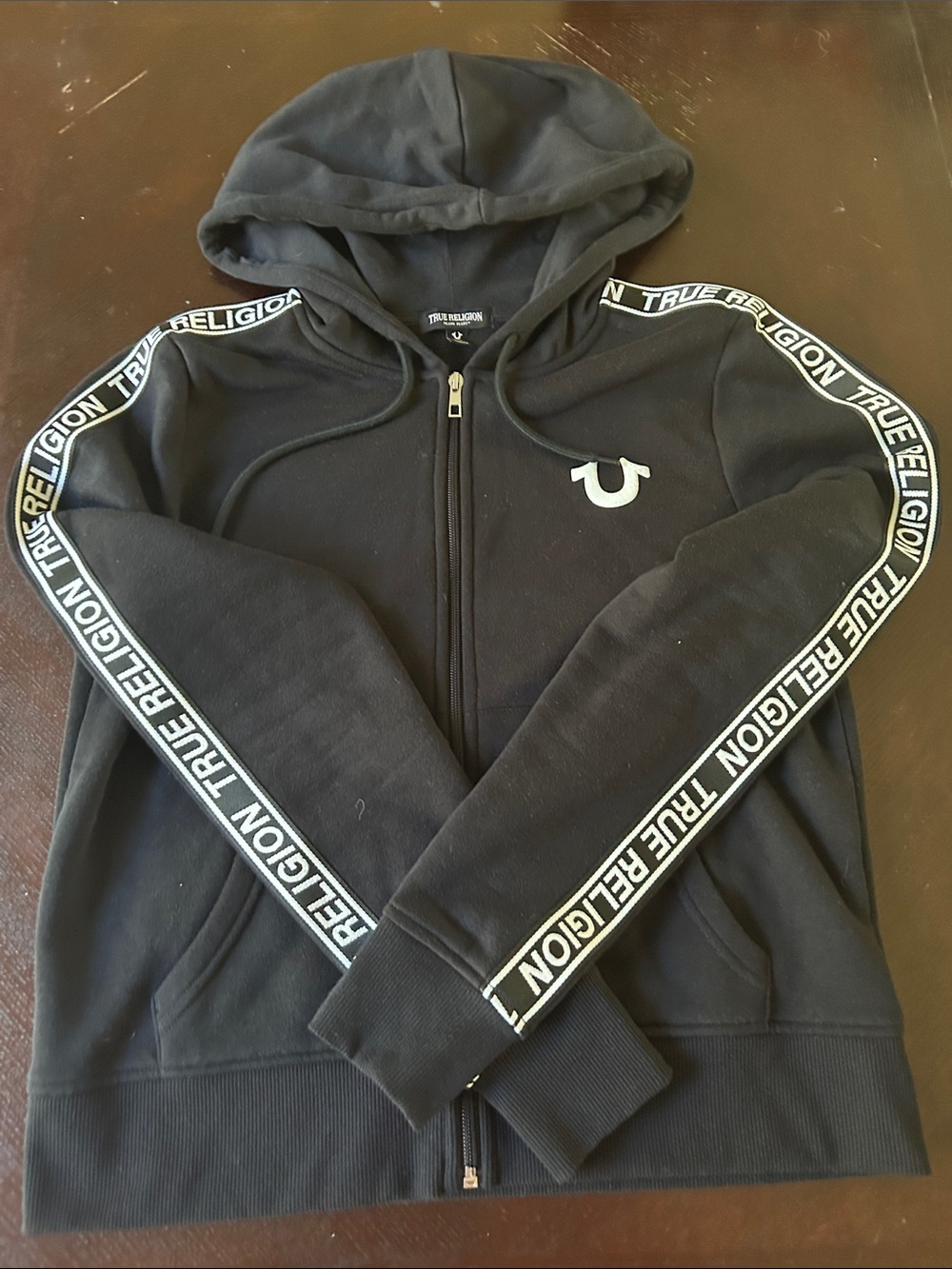 True Religion Black Zip Hoodie with Branded Sleeve Tape